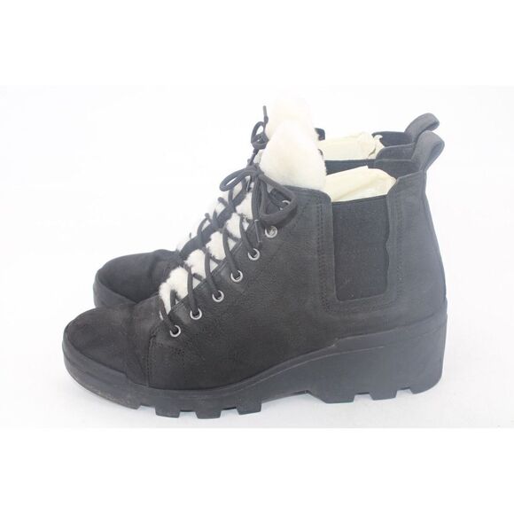 Eileen Fisher Calm Hiker Shearling Trim Bootie Black Suede Wedge Size 8 - Picture 9 of 11